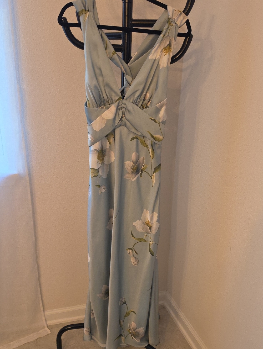 Sleeveless Light Blue Floral Maxi Dress with Twist Waist